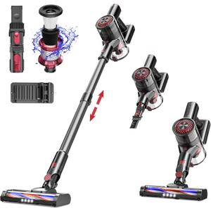 Vacuum Cleaner for Home, Cordless Vacuum Cleaner with High-Speed Brushless Motor, 2600mAh Detachable Lithium Batteries, Up to 40 Mins Runtime 5 Stages High-Efficiency Filtration(Gray Red)