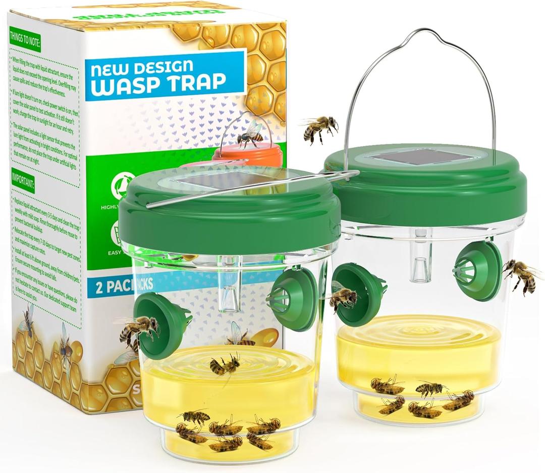 2 Pack Wasp Traps Outdoor Hanging, Solar Powered Carpenter Bee Traps for Outside with Rubber Whiskers and LED Light, Yellow Jacket Trap for Orchard, Farm, Garden, Patio, Yard