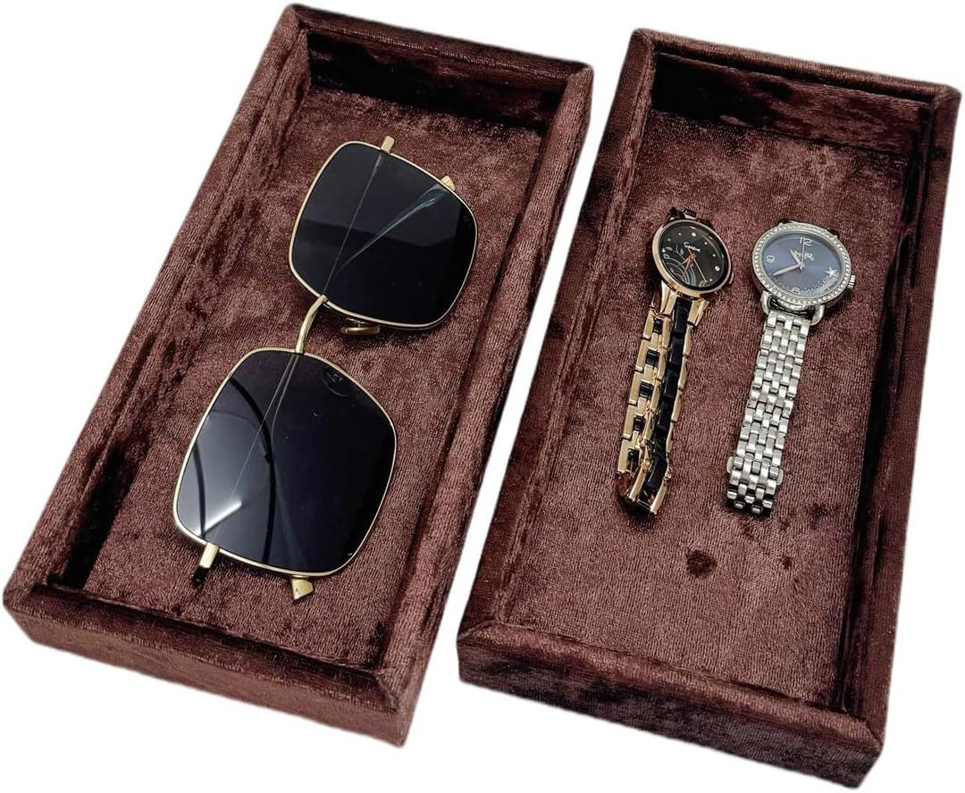 AgentMoon 2 Piece Set Sunglass or Jewelry Temporary Storage Tray. Stackable Velour Wrap Tray for Watch iPhone Earring etc. Bedside Makeup Accessories Organizer. 20 x 10 x 3cm. (Tabby Coffee)