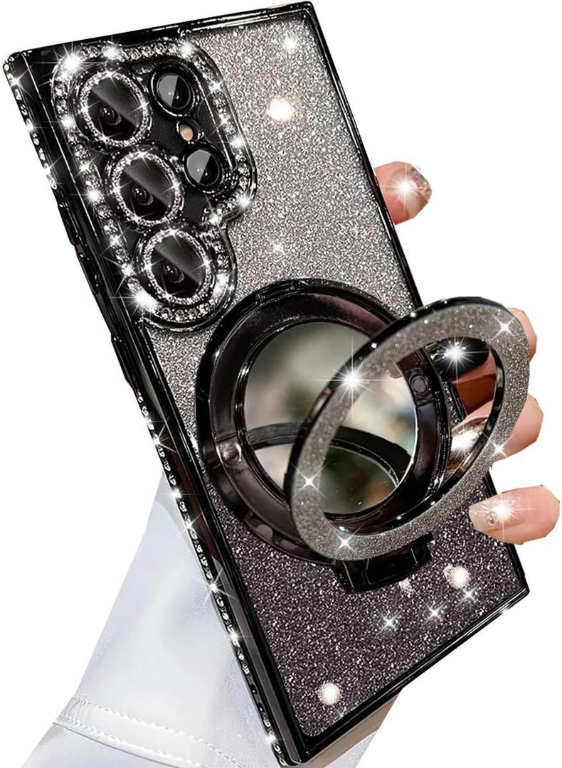 Changjia for Samsung Galaxy S26 Ultra Magnetic Kickstand Glitter Case,[Compatible with Magsafe]Cute Bling Sparkly Diamond with Camera Protector Makeup Mirror Women Girl Case for Galaxy S26 Ultra,Black