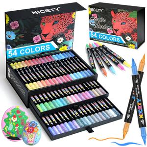 NICETY 54 Colors Acrylic Paint Markers Dual Tip Acrylic Paint Pens with 15mm Brush Tip & 1mm Fine Tip Water-Based Non-Bleed Paint Markers for Rock, Wood, Glass, Metal, Fabric, Ceramic, Canvas