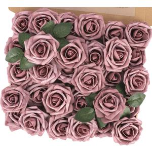 MACTING Artificial Rose Flowers 30PCS Real Touch Fake Flowers with Stem Foam Roses for DIY Wedding Bouquets Table Centerpieces Baby Shower Party Spring Home Mothers Day Decor (Dusty Purple Pink)