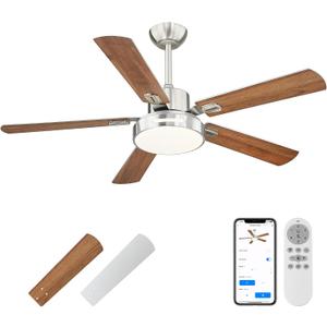 TENGXIN 52 Inch Farmhouse Ceiling Fans With Lights and Remote Control, Brushed Nickel Fandelier with 5 Reversible Blades,6 Speeds, Ultra Silent, APP Control,TXCF-BN002