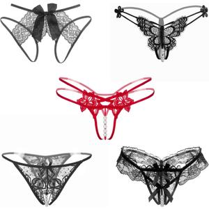 Women’s Sexy Panties Crotchless Lace Cheeky G-String Thongs for Women Pearls Ball Briefs Low Rise Underwear Pack (Black, XL)