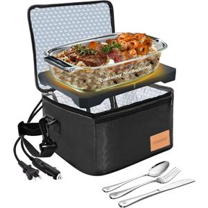FORABEST Heated Lunch Box  80W Electric Lunch Box for Adults, 12V/24V Car & Truck + 110V/220V for Office & Travel  Cooks or Warms Meals, Full Utensils & Premium Carry Bag (Black)