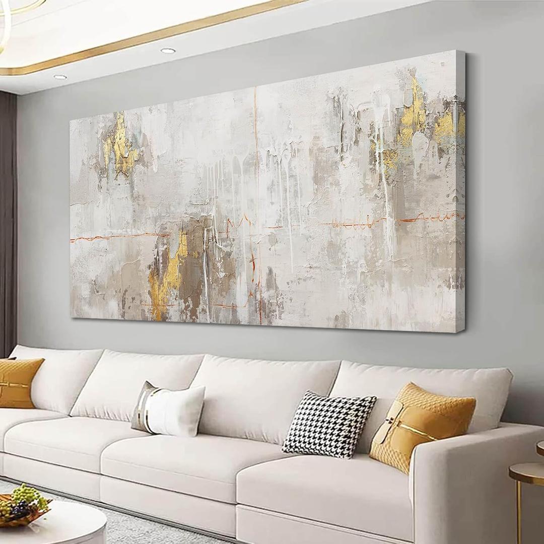 VAYIMDH Minimalist Wall Decor White with Gold Canvas Wall Art Grunge Posters Modern Abstract Paintings for Living Room Bedroom Dining Room 29"x 58" (Beige)