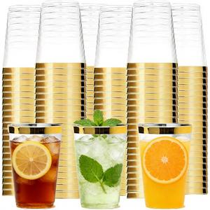 Tebery 100 Pack Clear Plastic Cups Party Glasses, 16Oz Disposable Cup Plastic Tumblers, Elegant Party Tumblers Cups Wedding Cup with Gold Rim, 100 Count