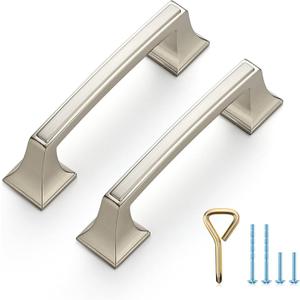 Ravinte 10 Pack Kitchen Cabinet Handles Drawer Pulls Brushed Nickel 3 inch Hole Centers Sturdy Big Square Base Kitchen Cabinet Pulls Kitchen Cabinet Hardware Drawer Handles