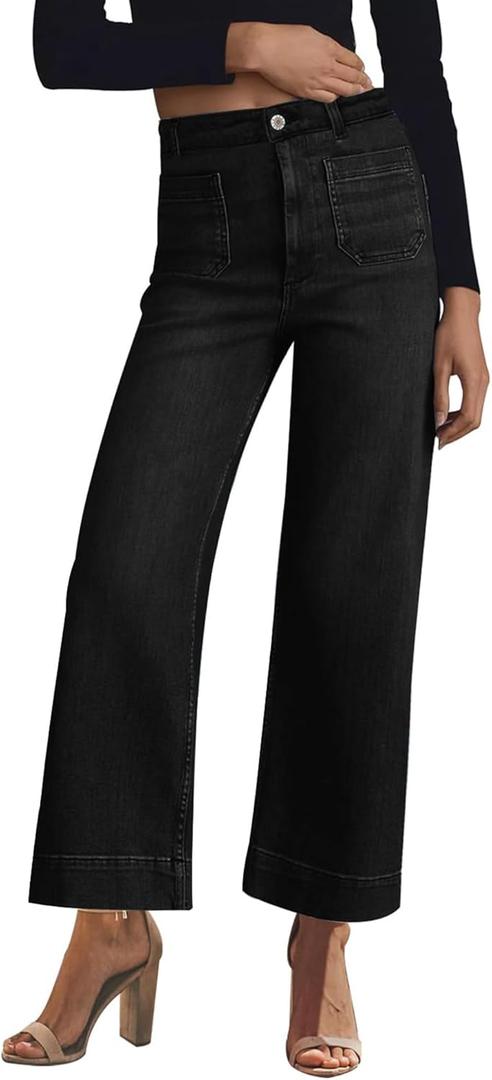 Womens Wide Leg High Waisted Sailor Petite Jeans Trendy Cropped Baggy Denim Pants with Patch Pockets (Medium, Wash Black)