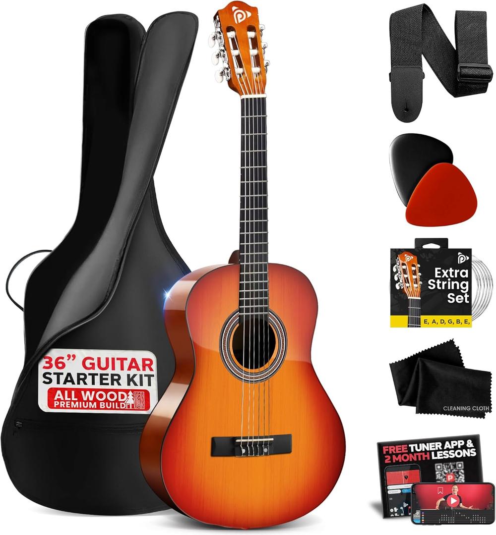 Pyle Beginner Acoustic Guitar Kit, 3/4 Junior Size All Wood Instrument with Full Accessory Kit, Picks, Shoulder Strap, Carry Case, Cleaning Cloth, Tuner App, 2 Month Lessons, 36 (Cherry Burst Gloss)