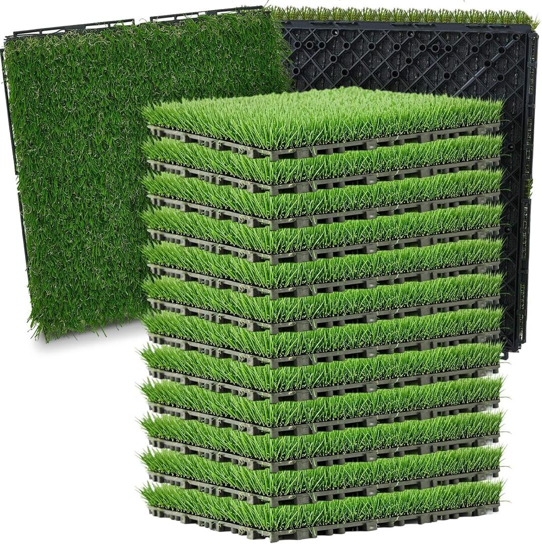 Windyun 32 Pack Artificial Grass Turf Interlocking Deck Tiles 12" x 12" Thick Synthetic Square Fake Grass Interlocking Turf Self Draining Grass Tiles for Patio Indoor Outdoor Floor Decorations