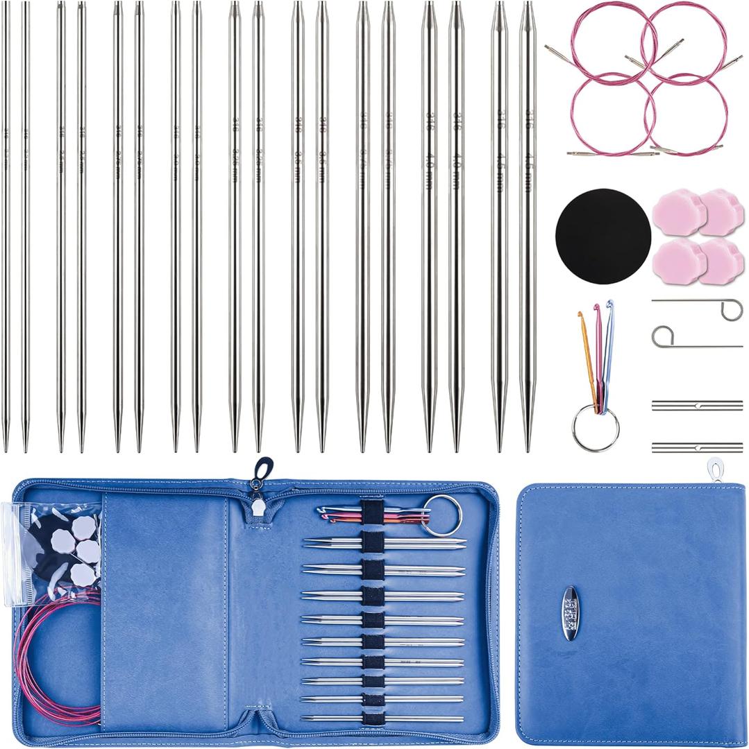 Froggod 4.5-Inch Aluminum Lace Interchangeable Circular Knitting Needle Set, Sizes US 1, 1.5, 2, 2.5, 4, 5, 6, 7 Interchangeable Knitting Needles Lace-Tip with 4 Assorted Cables with Project Bag (Blue)