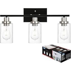 MELUCEE Modern Bathroom Lighting with Clear Glass Shade, 3-Light Black Vanity Light Wall Mount Lamp for Bedroom Vanity Table Bathroom Dressing Table, Brushed Nickel Socket (Patent No.: US D963914 S)