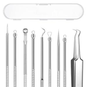 AskBed 5PCS Blackhead Remover Comedone Extractor Kit - Professional Stainless Steel Tools for Pimple, Acne, and Blemish Removal - Curved Tweezers Included