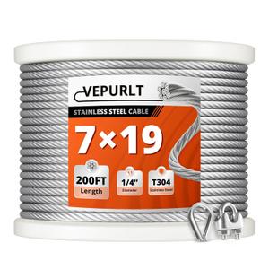 150FT 1/4" Thickened Stainless Steel Cable, 7x19 Strand Wire Rope with Clamps & Thimbles, 6400lbs Breaking Strength for Zipline, String Light Hanging, Clotheslines and DIY Projects