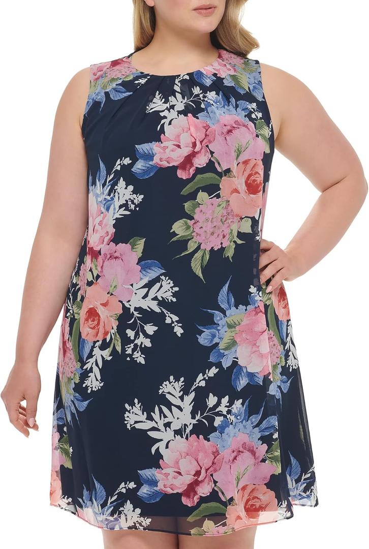 Jessica Howard Women's Sleeveless Printed Chiffon Shift Mini Dress (Navy Multi) Size 22 Plus