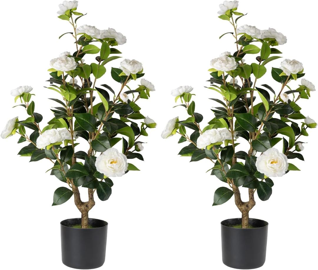Artificial Camellia Tree 2 Pack - Realistic Camellia Plants in Pot with White Flowers, Lifelike Faux Greenery for Living Room, Patio, or Wedding, White