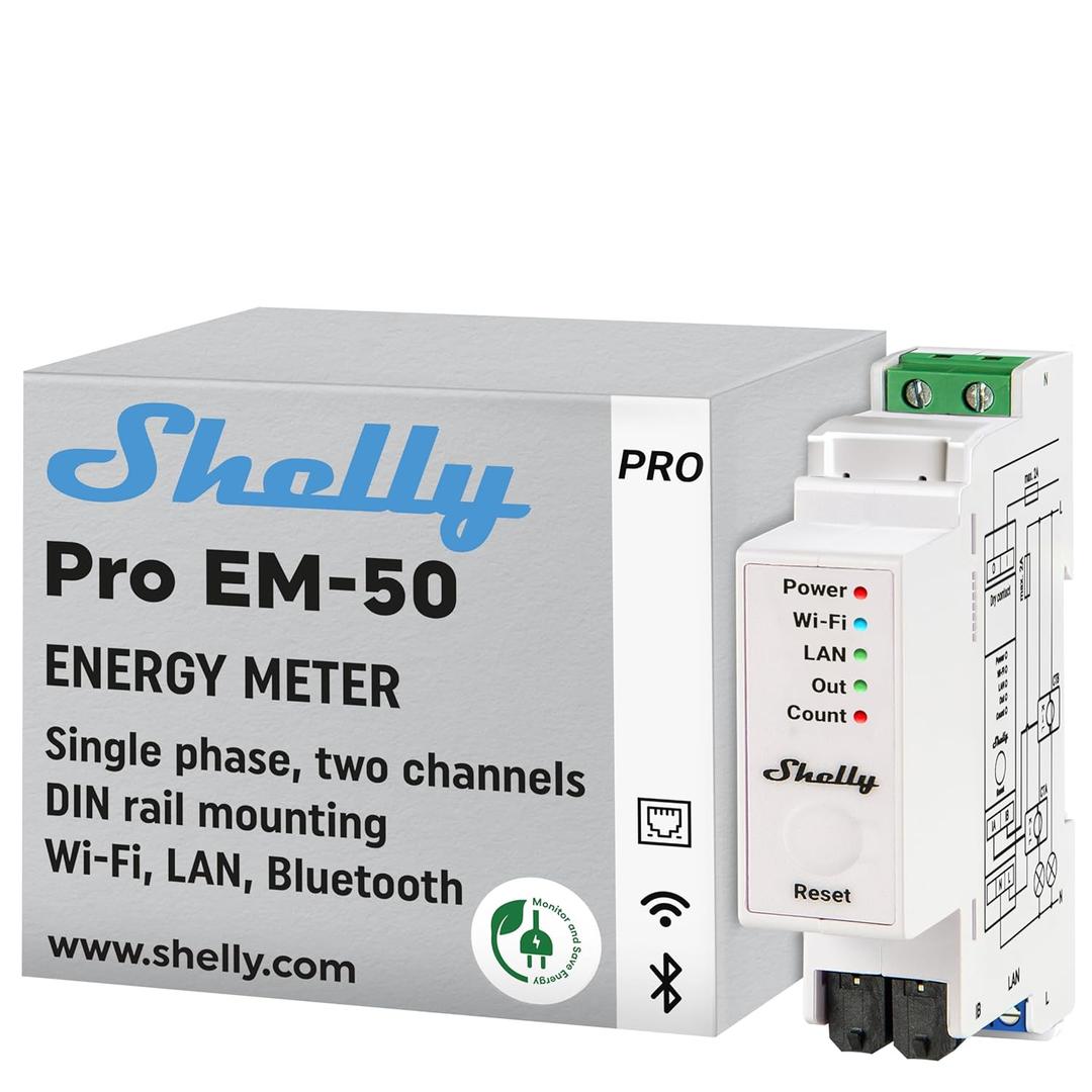 Shelly Pro EM 50A | Wi-Fi & LAN Energy Meter with Contactor Control | DIN-Rail | Home Automation | Bluetooth Gateway | Compatible with Alexa & Google Home | No Hub Required | Power Monitoring