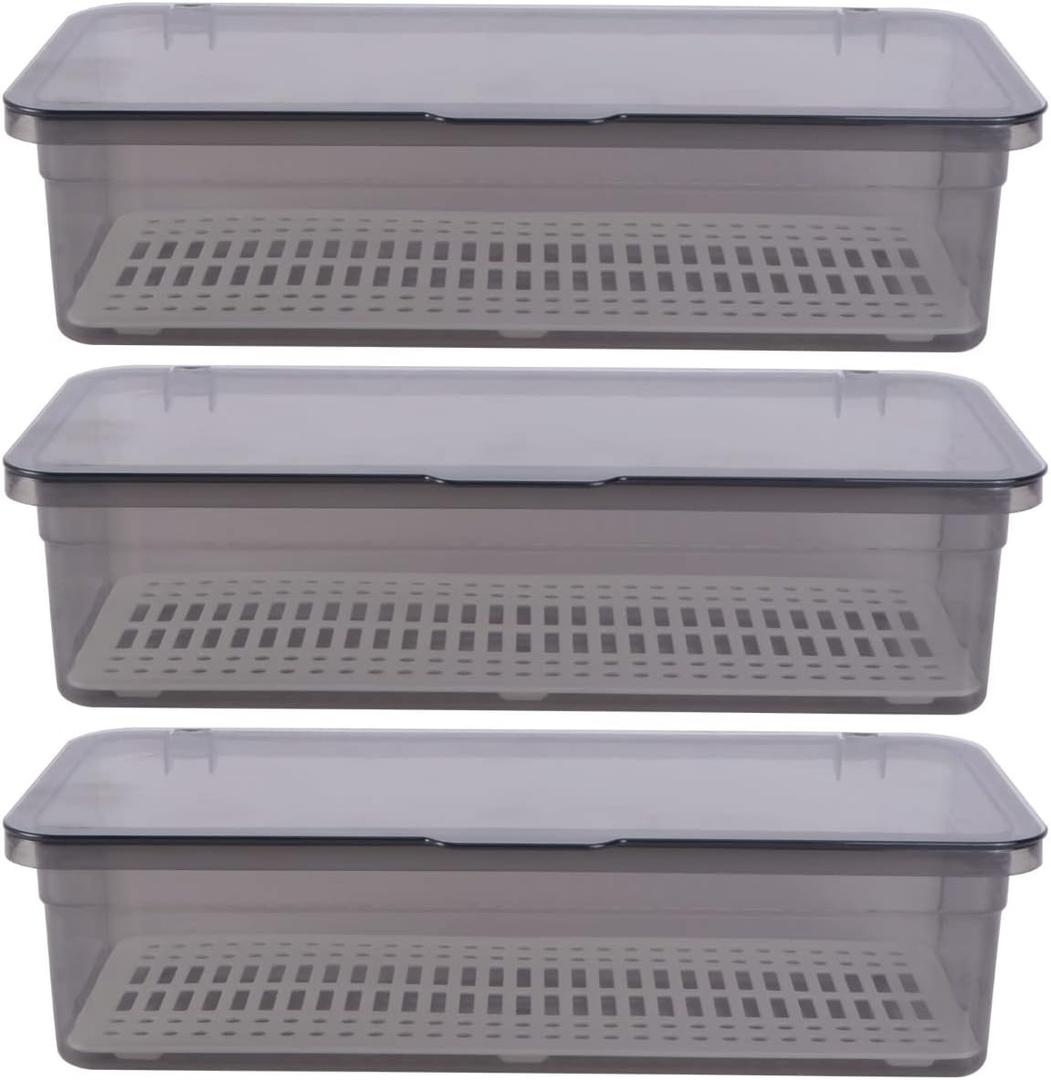 Cabilock 3Pcs Flatware Tray with Lid and Drainer, Plastic Silverware Drawer Organizer, Dustproof Cutlery Tray for Spoons Forks Knives Chopsticks, Kitchen Utensil Storage Container