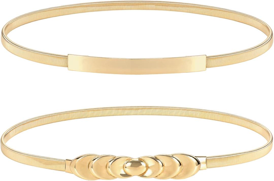 XZQTIVE Women Skinny Metal Chain Waist Belt Stretchy Saree Cinch Belt for Dress Gold Sliver (Fit waist 26-29 in, 04 Smooth/Six-gold)