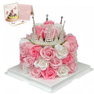 EIGHTOWN Forever Cake with Pink Preserved Flowers - Bouquet Preserved Roses for Women - Birthday Gift for Her with Crown (Pink)