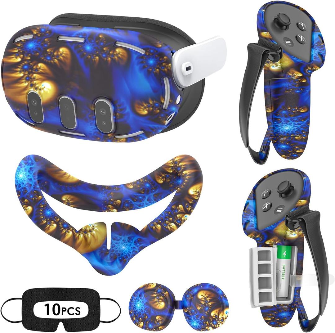 Tyasoleil VR Silicone Case for Meta Quest 3, Design Upgraded Accessories for Oculus Quest 3, Face Cover, Controller Grips, Shell Cover, Lens Cover, Disposable Eye Cover (Bluefire)