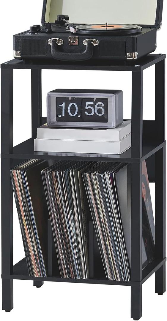 LELELINKY Record Player Stand,3 Tier End Table with Vinyl Storage Up to 100 Albums,Vinyl Holder for Records,Black Multi-Functional Turntable Stand Display Shelf for Living Room
