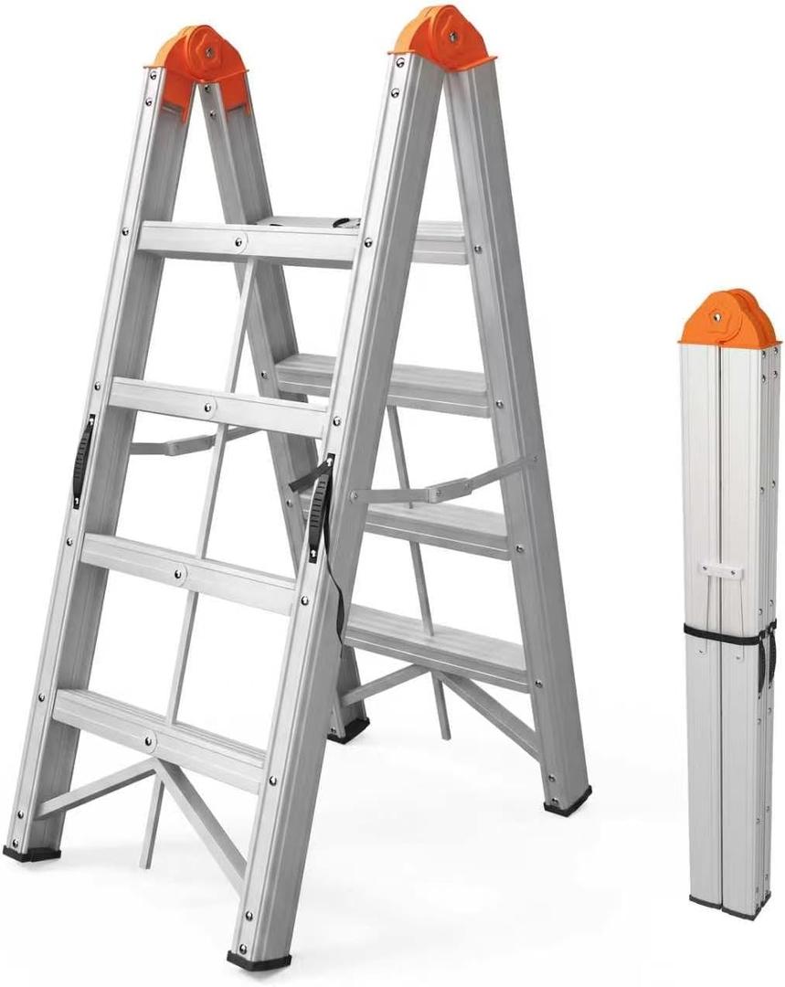 APARECIUM Aluminum Foldable Twin Front A Frame 4-Step Ladder with Wide Anti-Slip Pedal, Compact Portable Lightweight Step Stool, EN131, 330lb Capacity