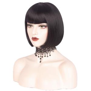 WeKen Black Short Bob Wigs with Bangs Short Wigs for Black Women White Women Daily Party Cosplay Halloween Costume Synthetic Full Wig 11 Inches