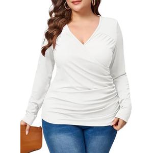 TAKEYAL Women Plus Size Wrap Tops Long Sleeve V Neck Ruched T-Shirt Sexy Casual Fall Trendy Tunic Top 2024 (White, 2XL)