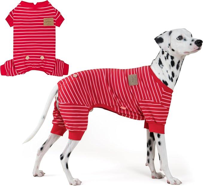 KYEESE Dog Pajamas, Striped Pet PJS Velvet Fleece Doggie Jammies, 4 Legs Outfit Soft Dog Pajamas, Cozy Pet Clothes Onesie, Comfortable PJS for Large Dogs,Red Striped,XXX-Large