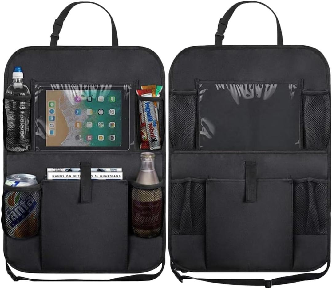 2PCS Car Backseat Organizer, Waterproof Oxford Fabric Auto Back Seat Protector Kick Mats with Clear 10" Tablet Holder & 5 Storage Pockets, Universal Vehicles Travel Accessories