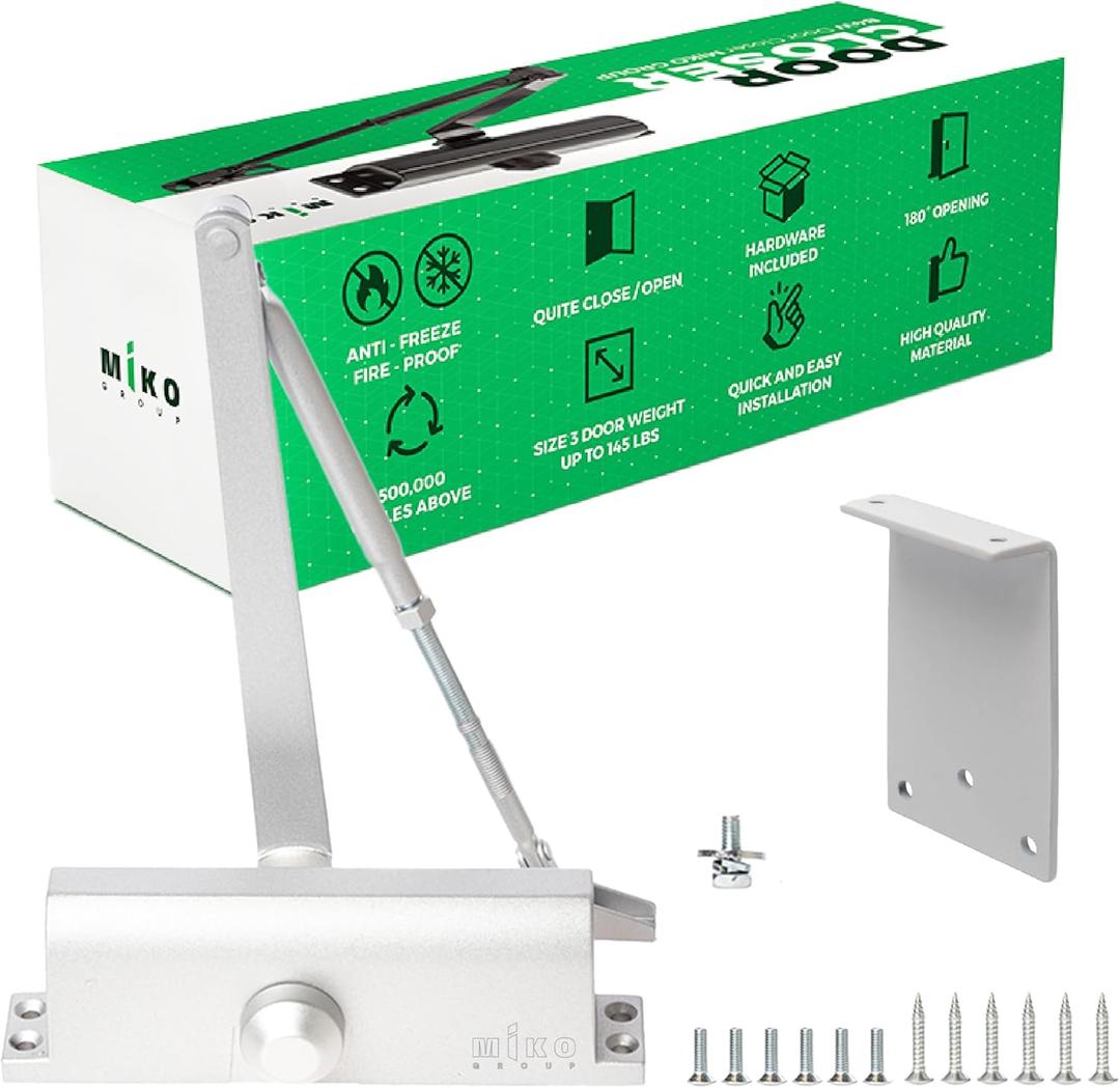 Automatic Door Closer - Grade 3 UL10C Hydraulic for Commercial Residential Doors, (99-145 lbs), Silent No Slam Adjustable Easy Install (Silver)