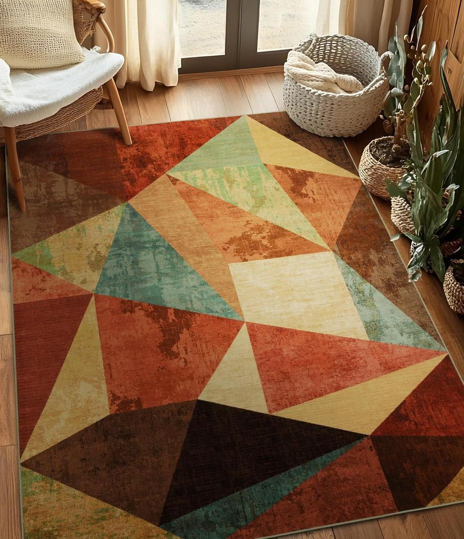 YIHOUSE Brown Area Rug 3x5,Geometric Burnt Orange Area Rug Non Slip,Farmhouse Rugs Washable,Vintage Burgundy Carpets for Bedroom, Boho Rug for Kitchen,Dining Room