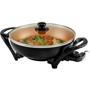 OVENTE Electric Wok with Nonstick Coating, 13 Inch Family-Sized Skillet, 1400W Power, Adjustable Temperature, Tempered Glass Lid, Cool Touch Handles and Easy to Clean Frying Surface, Copper SK3113CO