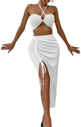 SherryDC Women's Sexy Bandeau 2 Piece Bikini Halter High Cut Swimsuit Bathing Suit with Drawstring Long Skirt, XL