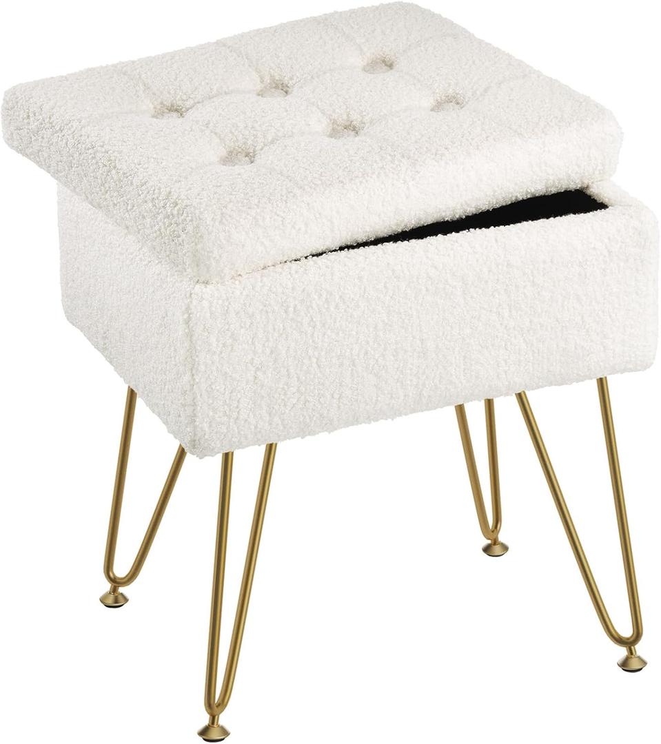 Seventable Vanity Stool Chair with Storage, Teddy Velvet Soft Ottoman, 4 Metal Legs with Anti-Slip Feet, Furry Padded Seat, Multifunctional Stool for Makeup, Footstool, Bedroom, White