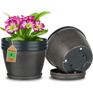 Quarut 4 Pack 8 Inch Flower Pots for Outdoor Indoor, Plastic Plant Pots with Drainage Hole & Saucer, Lightweight Small Flower Pot, Circle Pattern Planters for Garden House plantersBlack Copper