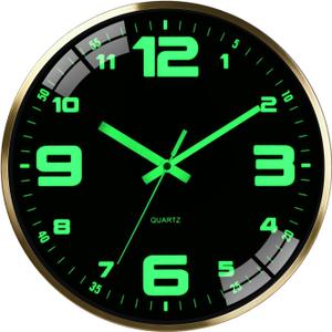 This 12-inch wall Clock Features a Beautiful Metal Frame, Nighttime Illumination, a Silent Ticking Sound, Tempered Glass to Prevent Breakage, AA Battery Power, and Large, Easy-to-Read Digits.