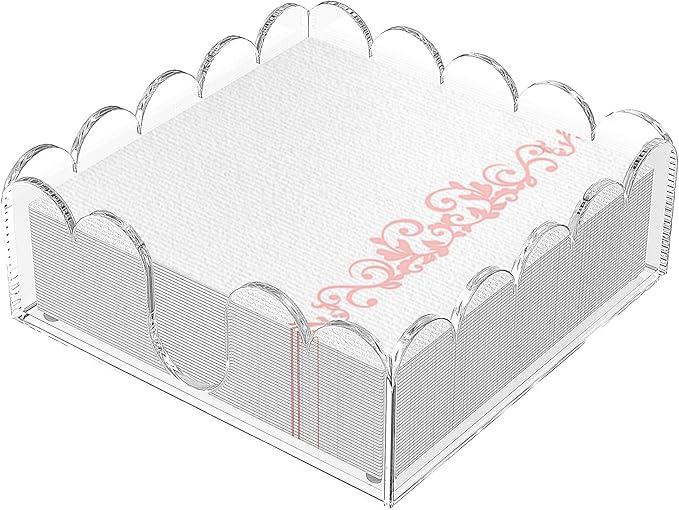 YAGELI Clear Acrylic Napkin Holder – Elegant Scalloped Tray for Cocktail, Bathroom, Kitchen & Dining – Flat Paper Towel & Disposable Napkin Organizer for Weddings, Bars, Hotels and Home(6.5x6.5in)