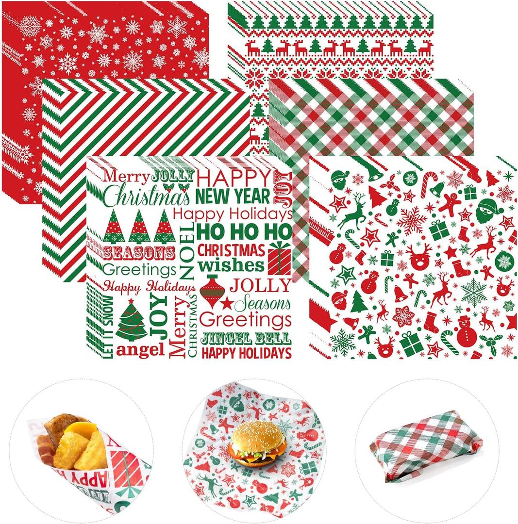 240 Pcs Christmas Wax Paper Dry Waxed Deli Paper Sheets 12x12 inch Sandwich Wrap Papers Winter Decorative Food Basket Liner Waterproof Greaseproof Food Papers Sheets for Home Kitchen Xmas New Year