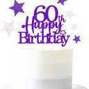 5 x Glittery 60th Happy Birthday Cake Topper with Star,Personalised 60 Birthday Cake Toppers Party Decorations Party Supplies for Men Women Purple Silver