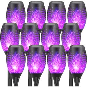 12-Pack Solar Flickering Flame Torches  Waterproof Outdoor Solar Lights for Yards, and Flame Torches for Patio and Pathway Decorations (Purplle)