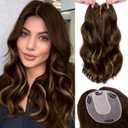 NAYOO Short Wavy Brown Toppers 16inch with Bangs - 6 * 5.5 Inch Large Base Synthetic Clip In Hair Topper (Ash Brown Mix Blonde)