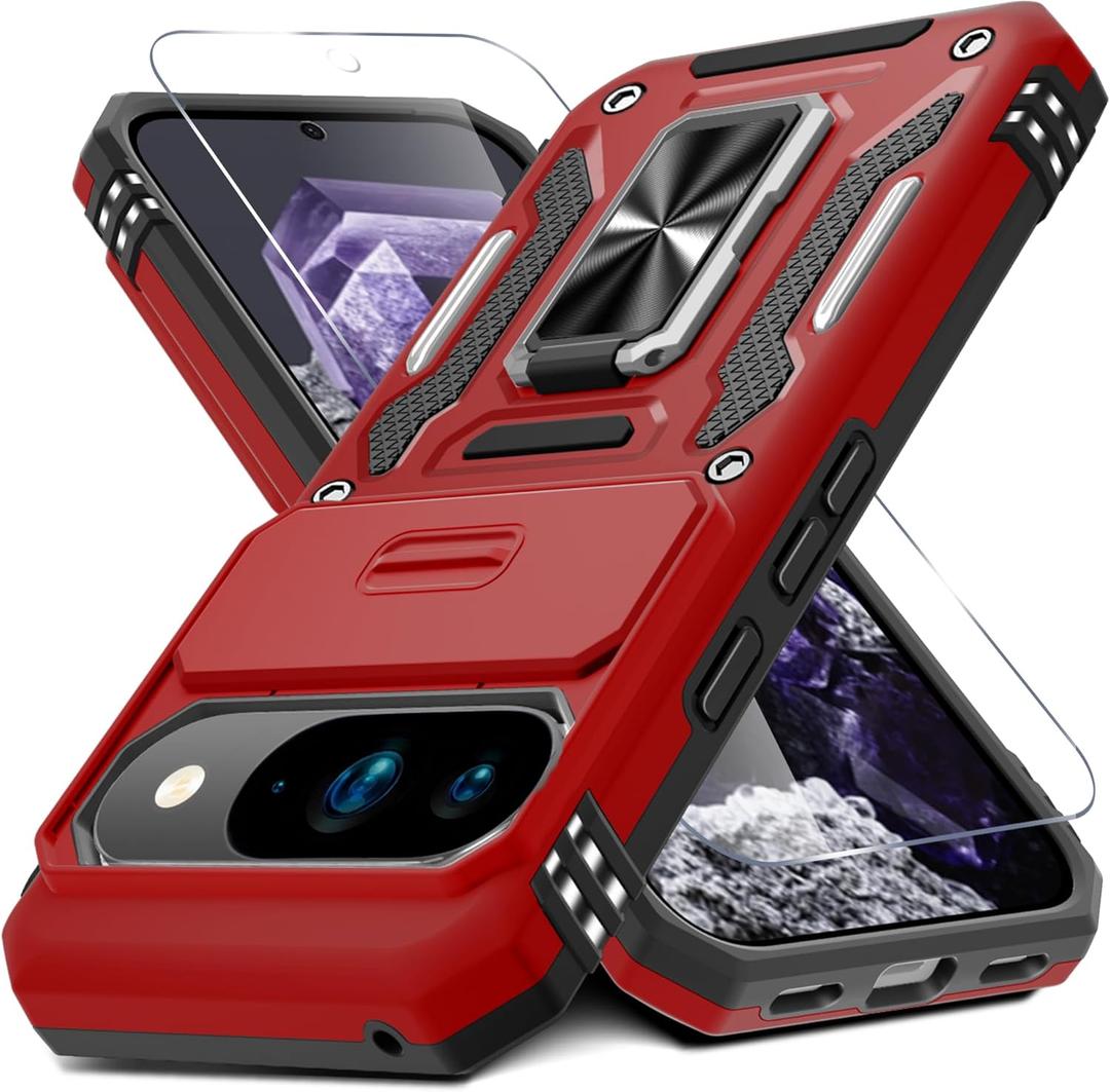 DEERLAMN Case for Google Pixel 10/10 Pro with Slide Camera Cover+Screen Protector(1 Pack), Rotated Ring Kickstand Military Grade Shockproof Protective Cover-Red