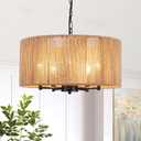 5-Light Boho Rattan Chandelier, 19'' Large Farmhouse Chandeliers Hand Woven Rattan Pendant Light Fixture, Black Wicker Chandelier for Dining Room Foyer Entryway Hallway Bedroom Kitchen Living Room