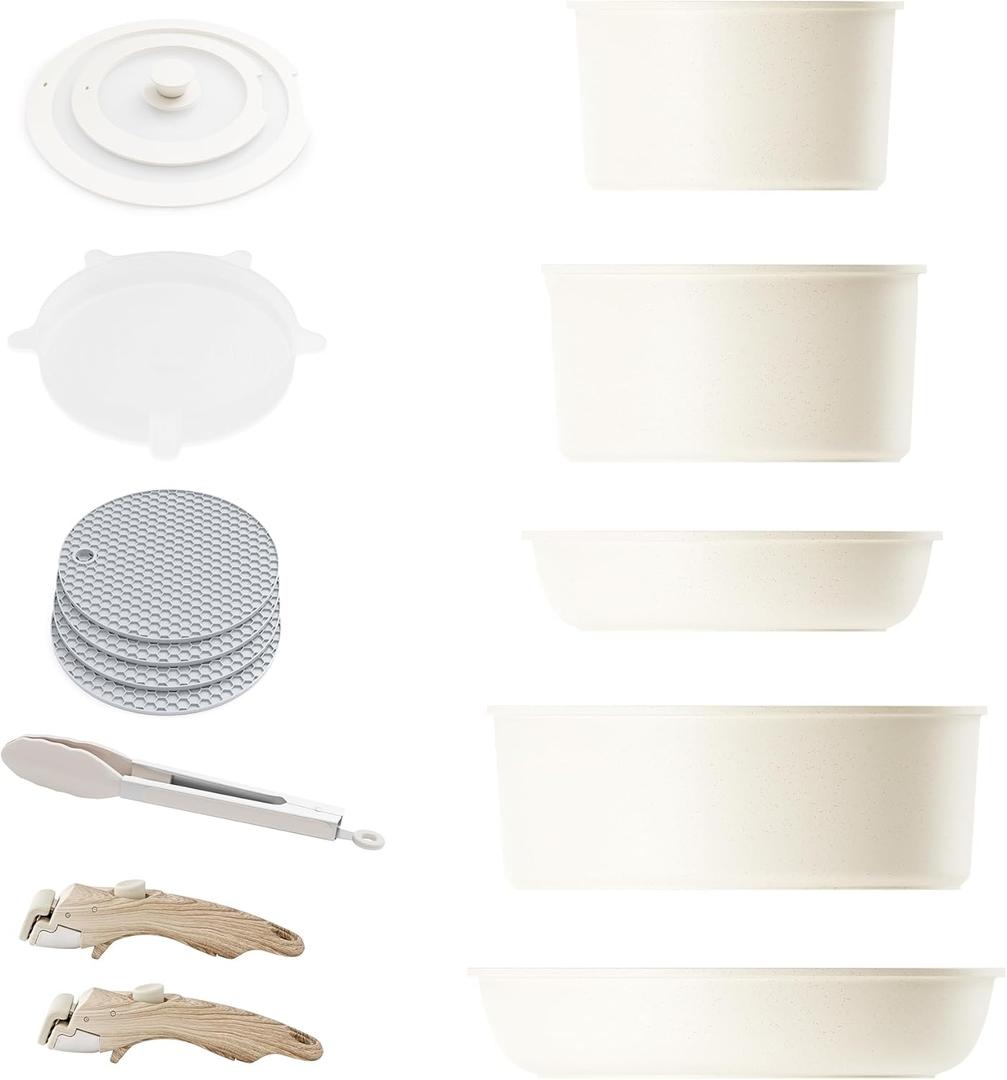 Caannasweis Detachable Nonstick Cookware Set - Stackable Induction Pots and Pans With Removable Handles, Dishwasher Safe - For RV Camping, Oven and Stovetop Use, 5 Pieces (Beige)