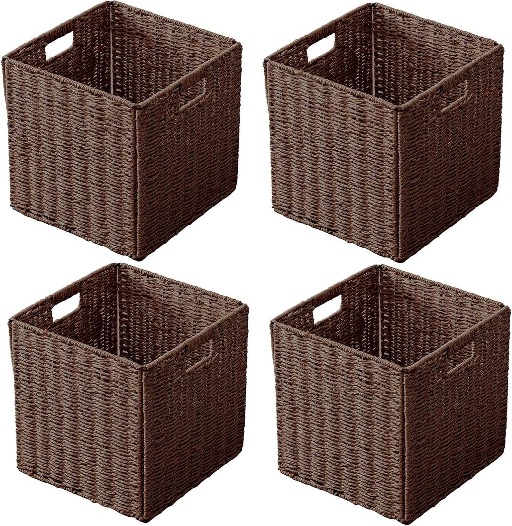 11x11x11 Cube Storage Bins Set of 4, Storage Baskets for Shelves, Brown