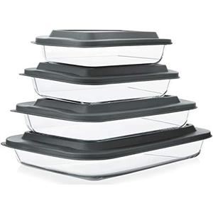 7-Piece Deep Glass Baking Dish Set with Plastic lids,Rectangular Glass Bakeware Set with Lids, Baking Pans for Lasagna, Leftovers, Cooking, Kitchen, Freezer-to-Oven and Dishwasher, Gray