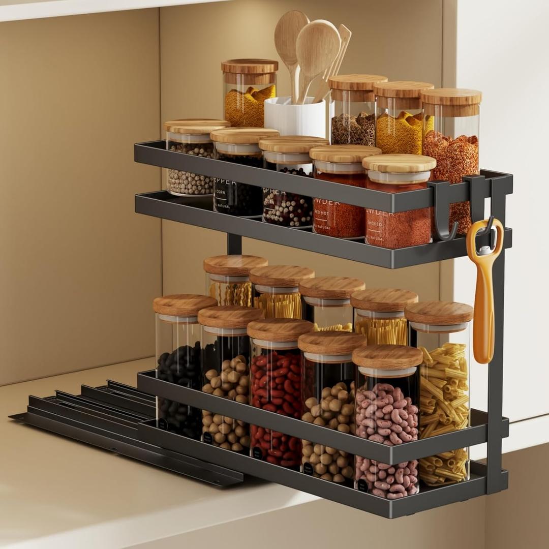 Magheo Pull Out Spice Rack Organizer for Cabinet, 1 Pack Metal Seasoning Organizer Slide Out Spice Storage Shelf No Assembly Vertical Spice Rack Pullout for Kitchen & Bahthroom No Drill (2 Tier, Black)